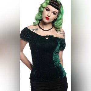 Collectif Green Velvet Peasant Top XS Like New
